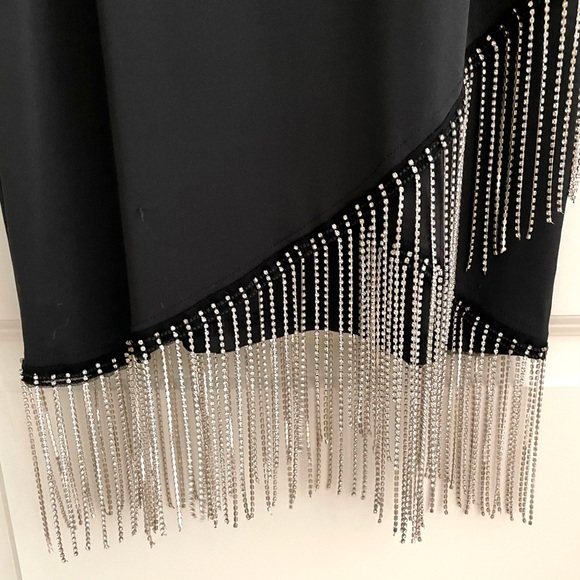 SHEIN Black Fitted Mini Dress with Rhinestone Fringe and Spaghetti Straps sz M/6 - Picture 3 of 7